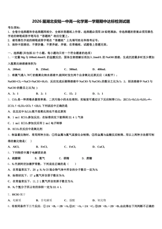 2026届湖北安陆一中高一化学第一学期期中达标检测试题含解析