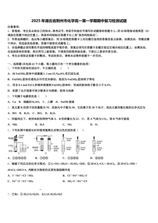 2025年湖北省荆州市化学高一第一学期期中复习检测试题含解析