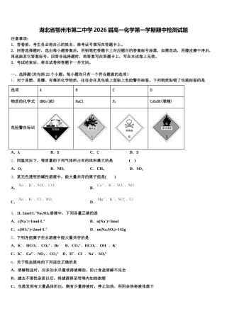 湖北省鄂州市第二中学2026届高一化学第一学期期中检测试题含解析
