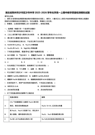 湖北省荆州市沙市区沙市中学2025-2026学年化学高一上期中教学质量检测模拟试题含解析