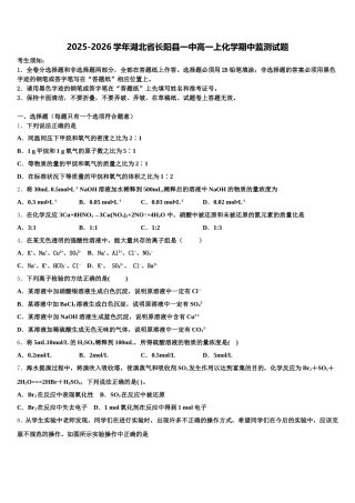 2025-2026学年湖北省长阳县一中高一上化学期中监测试题含解析