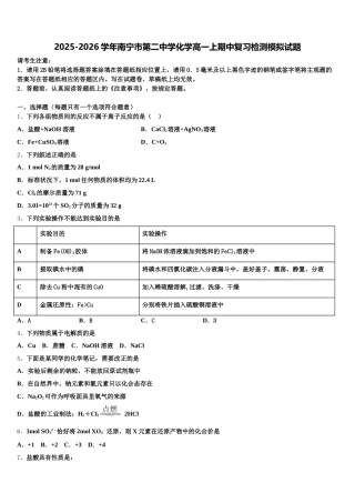 2025-2026学年南宁市第二中学化学高一上期中复习检测模拟试题含解析