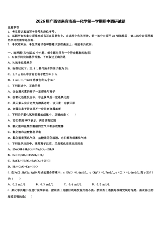 2026届广西省来宾市高一化学第一学期期中调研试题含解析