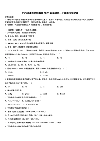 广西河池市高级中学2025年化学高一上期中统考试题含解析