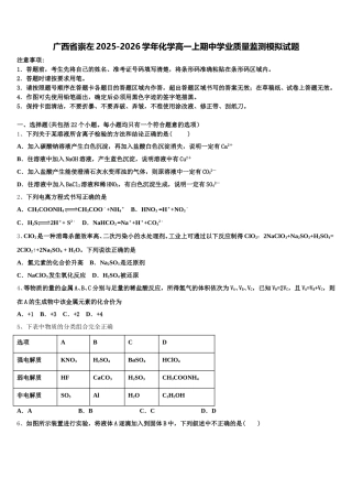 广西省崇左2025-2026学年化学高一上期中学业质量监测模拟试题含解析