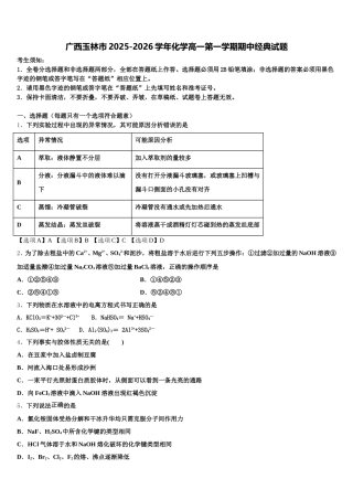 广西玉林市2025-2026学年化学高一第一学期期中经典试题含解析