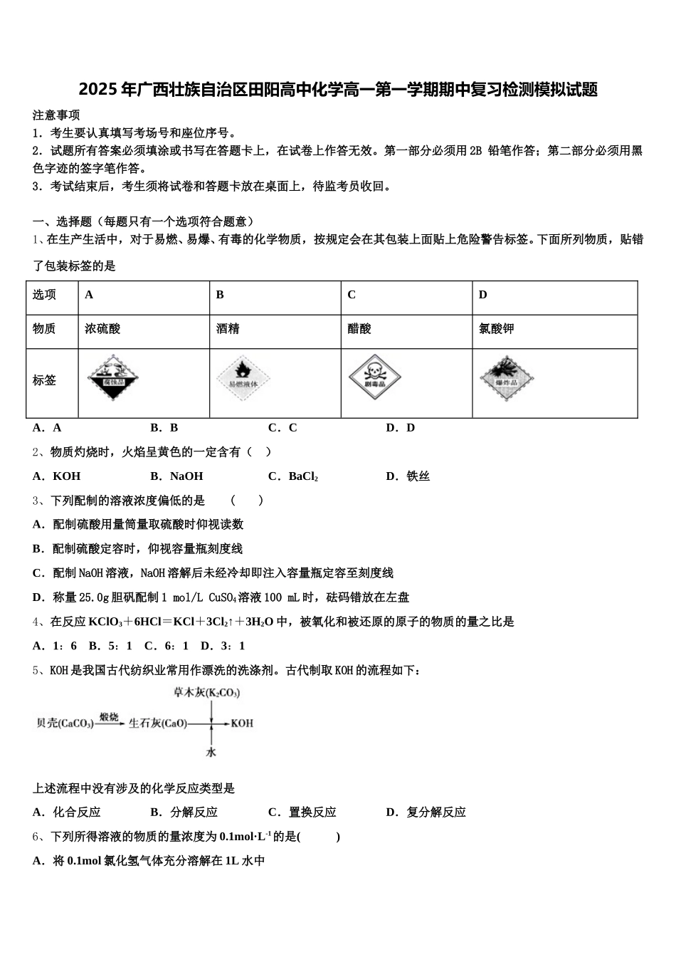 2025年广西壮族自治区田阳高中化学高一第一学期期中复习检测模拟试题含解析_第1页