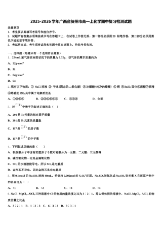 2025-2026学年广西省贺州市高一上化学期中复习检测试题含解析