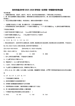 贺州市重点中学2025-2026学年高一化学第一学期期中统考试题含解析