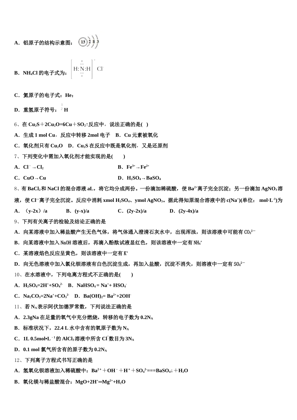 2025年广西田阳高中化学高一第一学期期中统考试题含解析_第2页