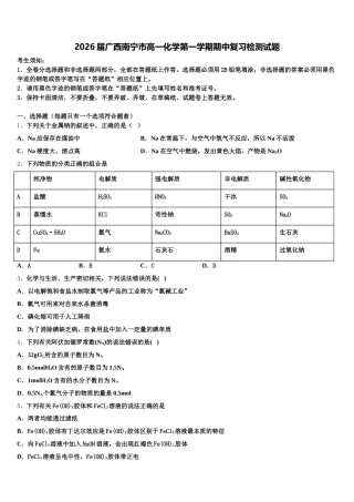 2026届广西南宁市高一化学第一学期期中复习检测试题含解析