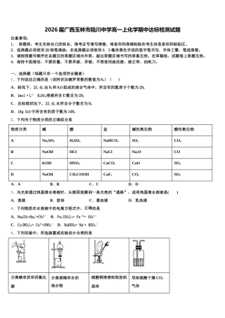 2026届广西玉林市陆川中学高一上化学期中达标检测试题含解析