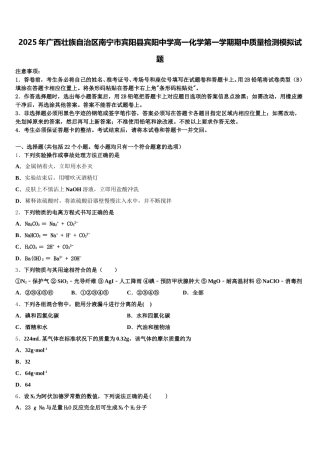 2025年广西壮族自治区南宁市宾阳县宾阳中学高一化学第一学期期中质量检测模拟试题含解析