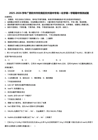 2025-2026学年广西钦州市钦南区钦州港中学高一化学第一学期期中预测试题含解析