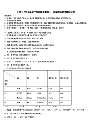 2025-2026学年广西省钦州市高一上化学期中考试模拟试题含解析