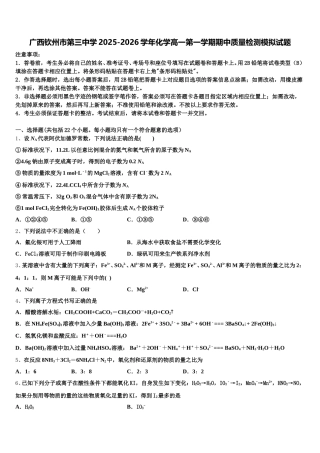 广西钦州市第三中学2025-2026学年化学高一第一学期期中质量检测模拟试题含解析