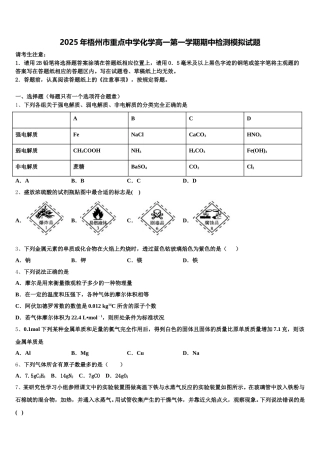 2025年梧州市重点中学化学高一第一学期期中检测模拟试题含解析