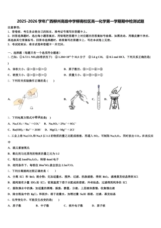 2025-2026学年广西柳州高级中学柳南校区高一化学第一学期期中检测试题含解析
