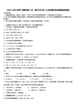 2025-2026学年广西柳州铁一中、南宁三中 高一上化学期中学业质量监测试题含解析
