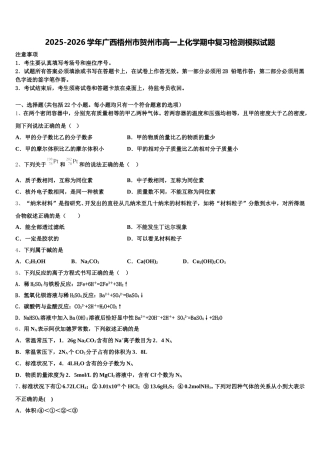 2025-2026学年广西梧州市贺州市高一上化学期中复习检测模拟试题含解析