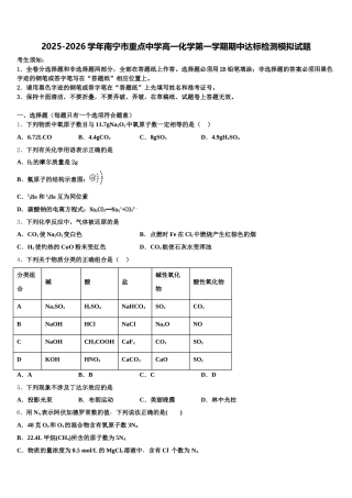 2025-2026学年南宁市重点中学高一化学第一学期期中达标检测模拟试题含解析