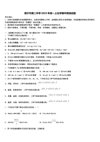 南宁市第二中学2025年高一上化学期中预测试题含解析
