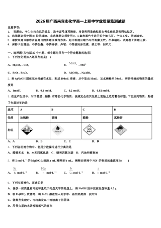 2026届广西来宾市化学高一上期中学业质量监测试题含解析