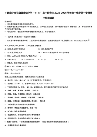 广西南宁市马山县金伦中学“4+ N”高中联合体2025-2026学年高一化学第一学期期中检测试题含解析