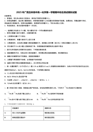 2025年广西玉林高中高一化学第一学期期中综合测试模拟试题含解析