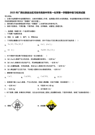 2025年广西壮族自治区河池市高级中学高一化学第一学期期中复习检测试题含解析