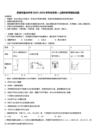 贵港市重点中学2025-2026学年化学高一上期中统考模拟试题含解析