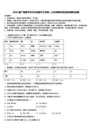 2026届广西南宁市兴宁区南宁三中高一上化学期中综合测试模拟试题含解析