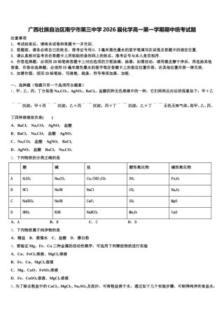 广西壮族自治区南宁市第三中学2026届化学高一第一学期期中统考试题含解析