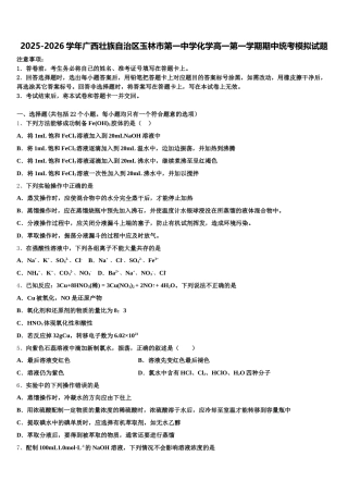 2025-2026学年广西壮族自治区玉林市第一中学化学高一第一学期期中统考模拟试题含解析