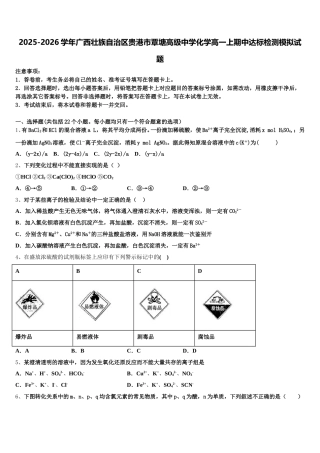 2025-2026学年广西壮族自治区贵港市覃塘高级中学化学高一上期中达标检测模拟试题含解析