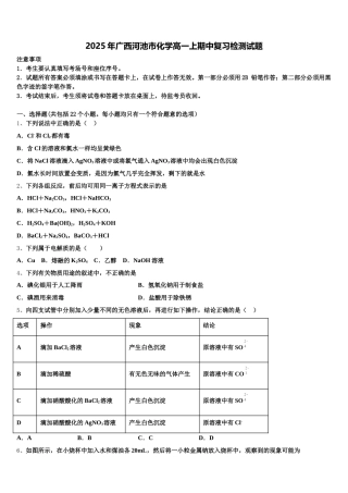 2025年广西河池市化学高一上期中复习检测试题含解析
