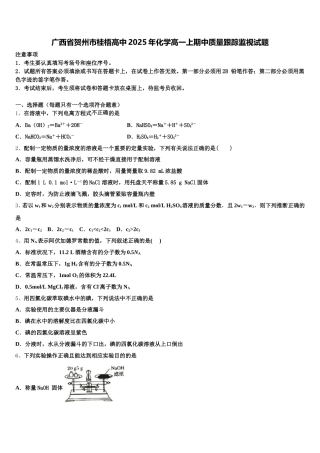 广西省贺州市桂梧高中2025年化学高一上期中质量跟踪监视试题含解析
