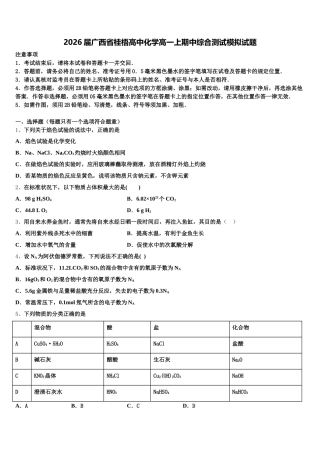 2026届广西省桂梧高中化学高一上期中综合测试模拟试题含解析