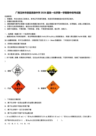 广西玉林市容县高级中学2026届高一化学第一学期期中统考试题含解析