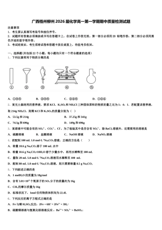 广西梧州柳州2026届化学高一第一学期期中质量检测试题含解析