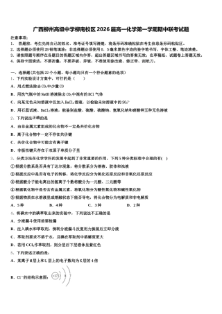 广西柳州高级中学柳南校区2026届高一化学第一学期期中联考试题含解析