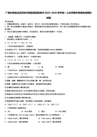广西壮族自治区百色市田阳县田阳高中2025-2026学年高一上化学期中质量检测模拟试题含解析