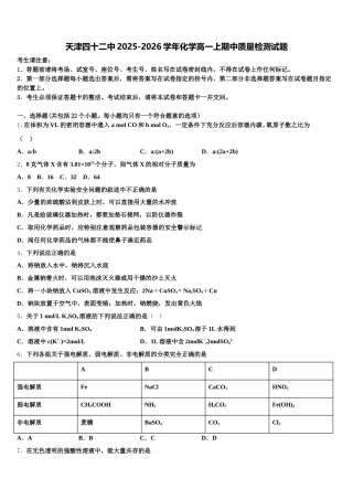 天津四十二中2025-2026学年化学高一上期中质量检测试题含解析