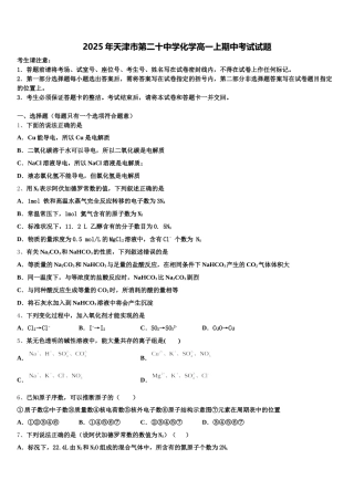 2025年天津市第二十中学化学高一上期中考试试题含解析
