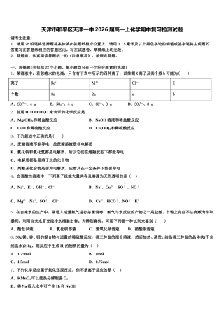天津市和平区天津一中2026届高一上化学期中复习检测试题含解析