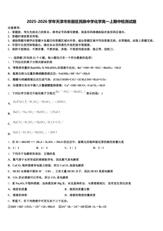 2025-2026学年天津市东丽区民族中学化学高一上期中检测试题含解析
