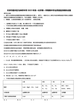 天津市蓟州区马伸桥中学2025年高一化学第一学期期中学业质量监测模拟试题含解析