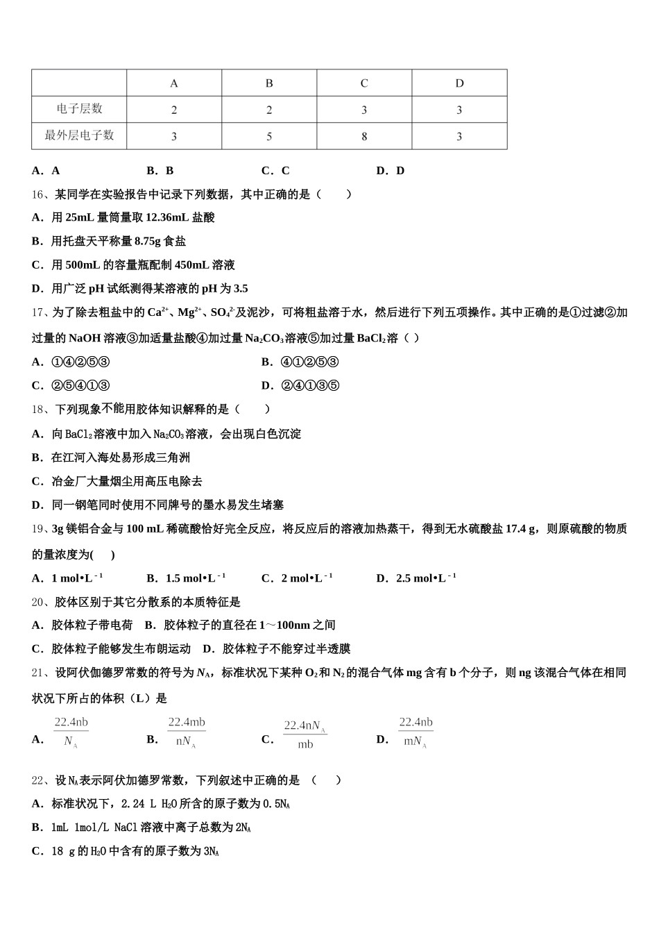 2025-2026学年天津市东丽区第一百中学高一上化学期中综合测试模拟试题含解析_第3页