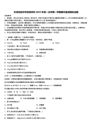 天津实验中学滨海学校2025年高一化学第一学期期中监测模拟试题含解析
