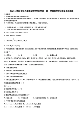 2025-2026学年天津市英华中学化学高一第一学期期中学业质量监测试题含解析